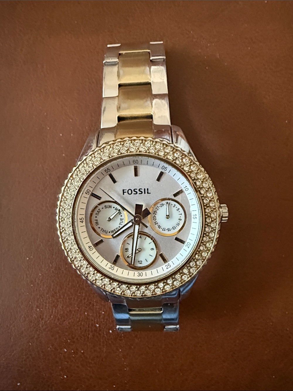 Fossil Two-Tone Gold and Silver Crystal Bezel Watch
